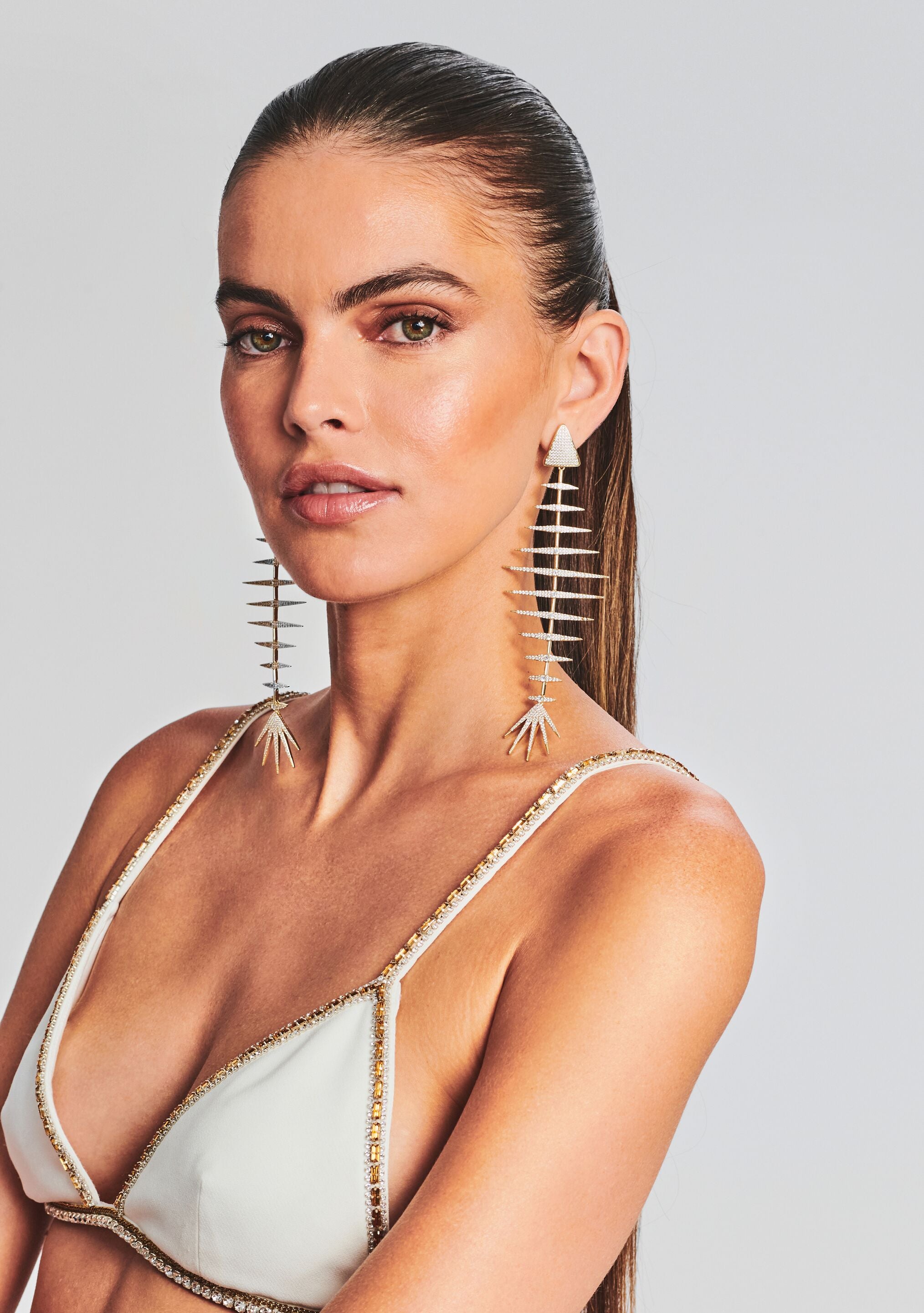 Bimini Crystal Fish Bone Earrings-Sunny Prom