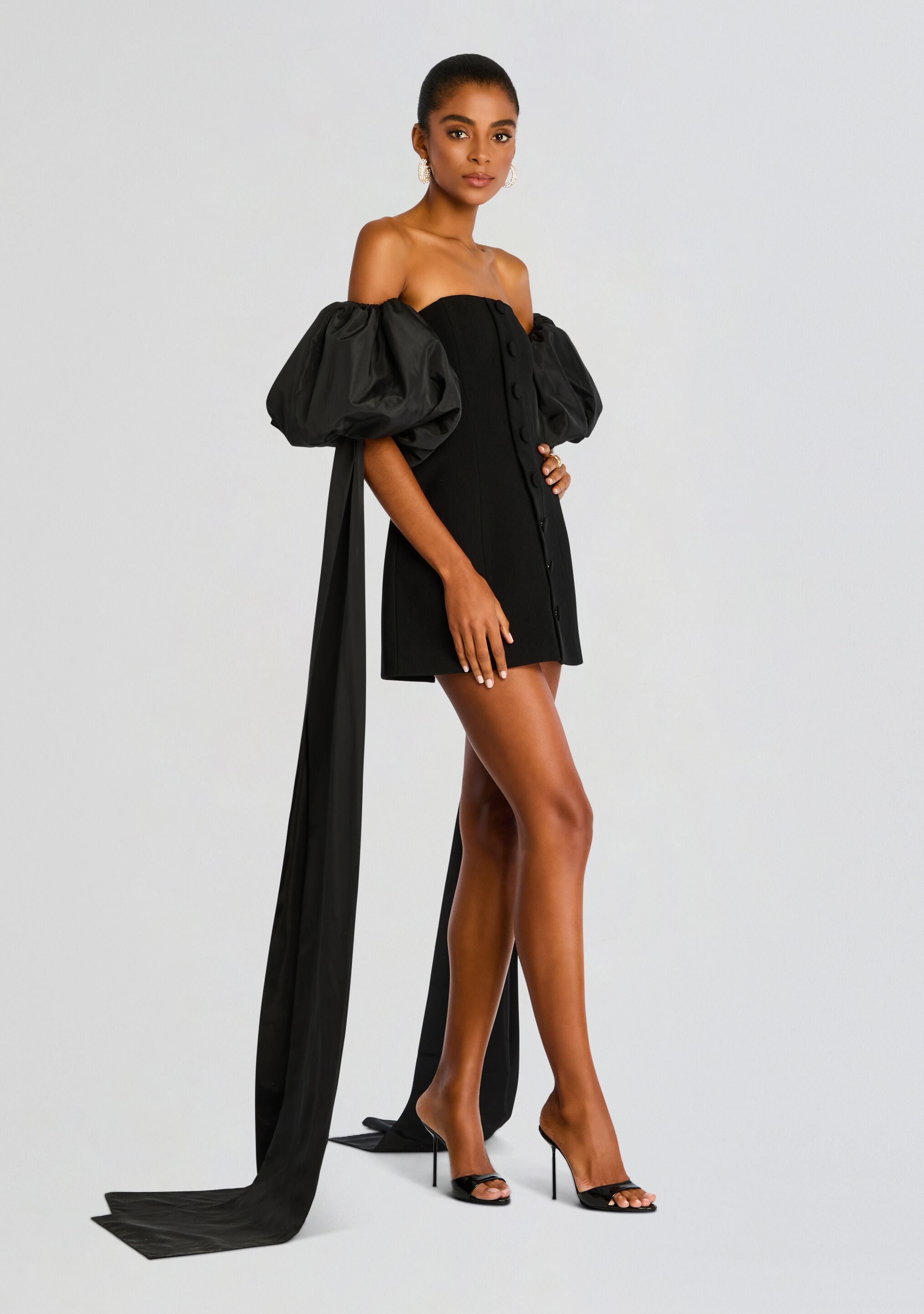 Laurent Mini Button Dress with Black Plumes-Sunny Prom