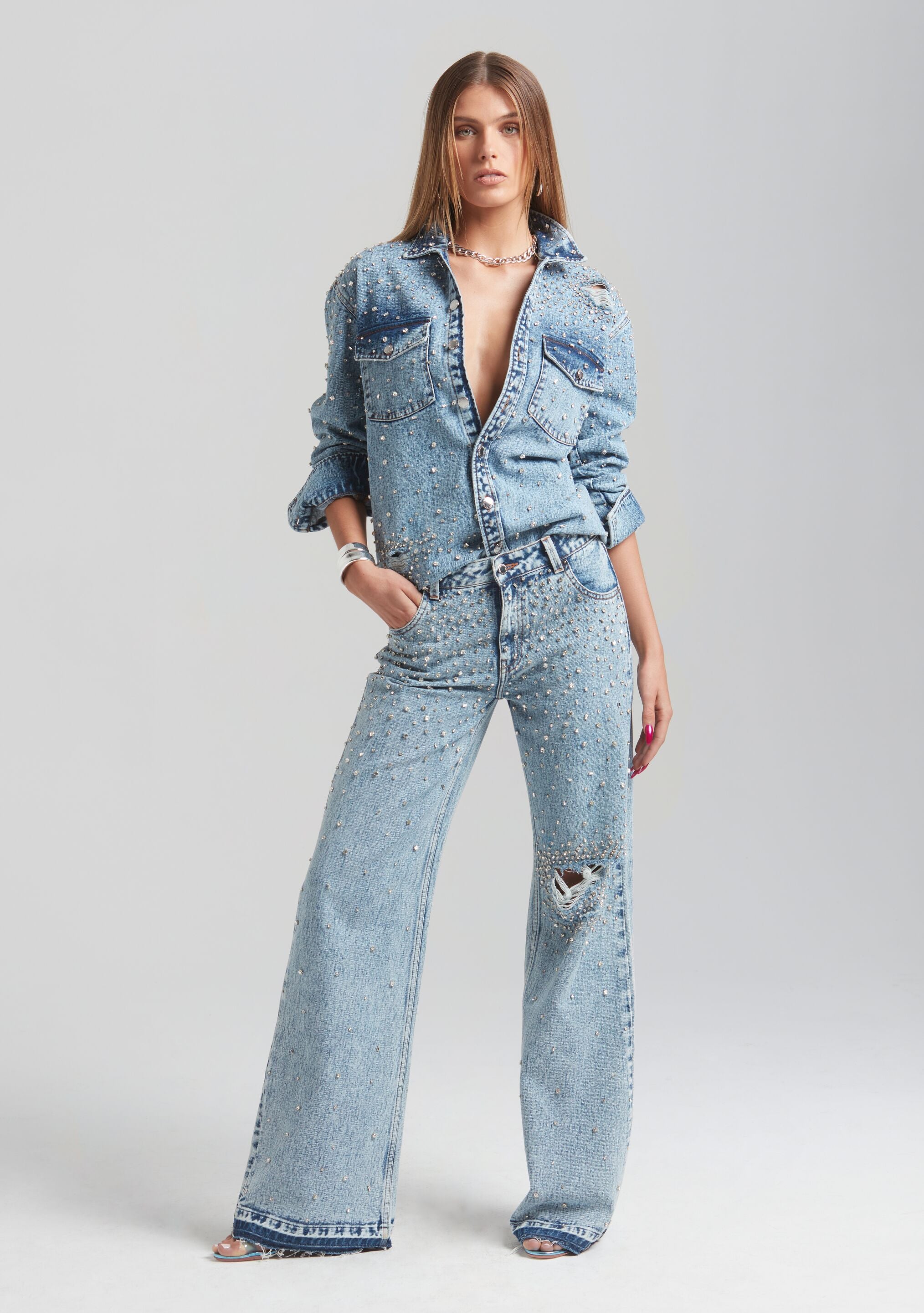 Bronte Wide Leg Crystal Embellished Jean-Sunny Prom