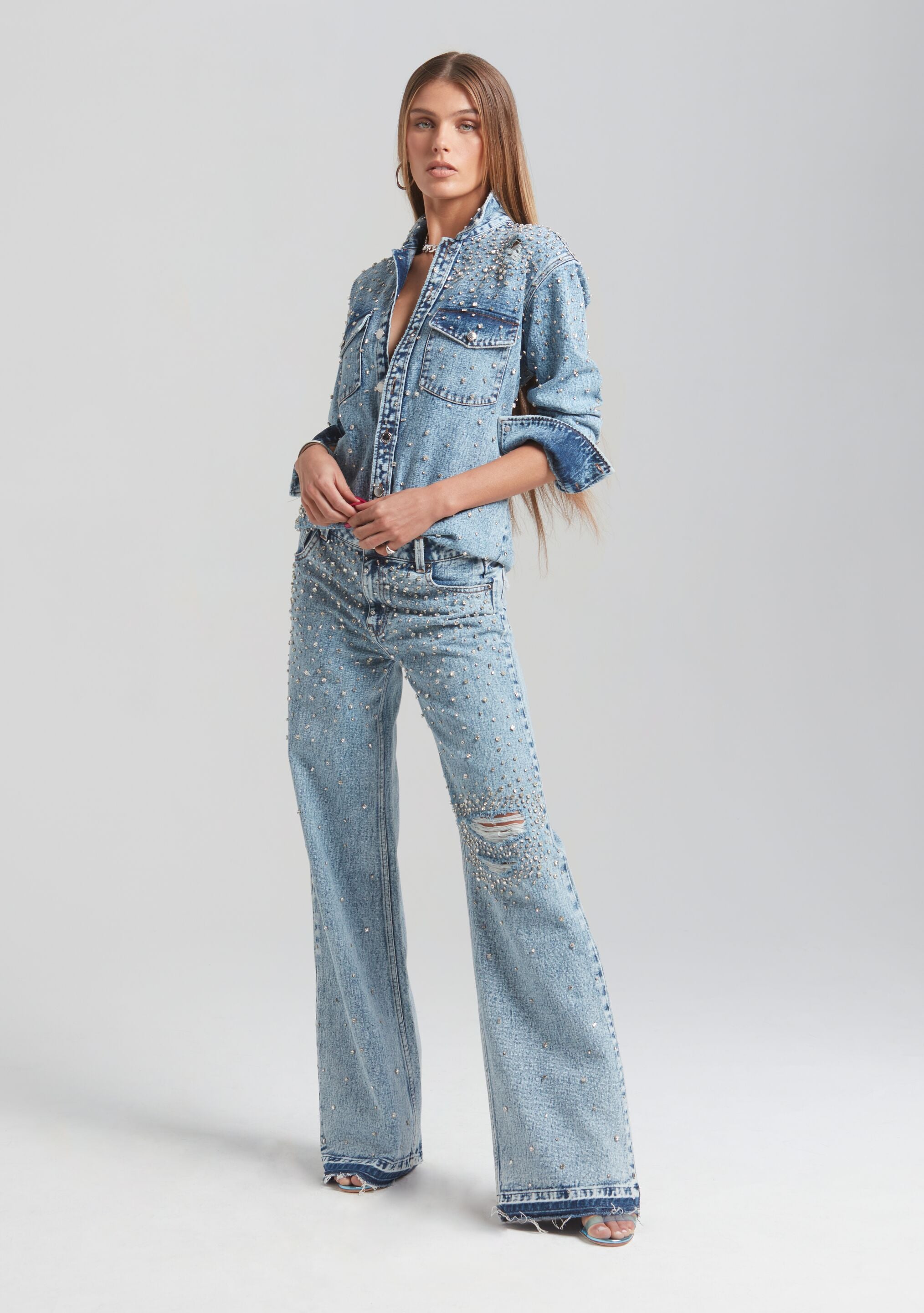 Doreen Crystal Embellished Denim Shirt-Sunny Prom