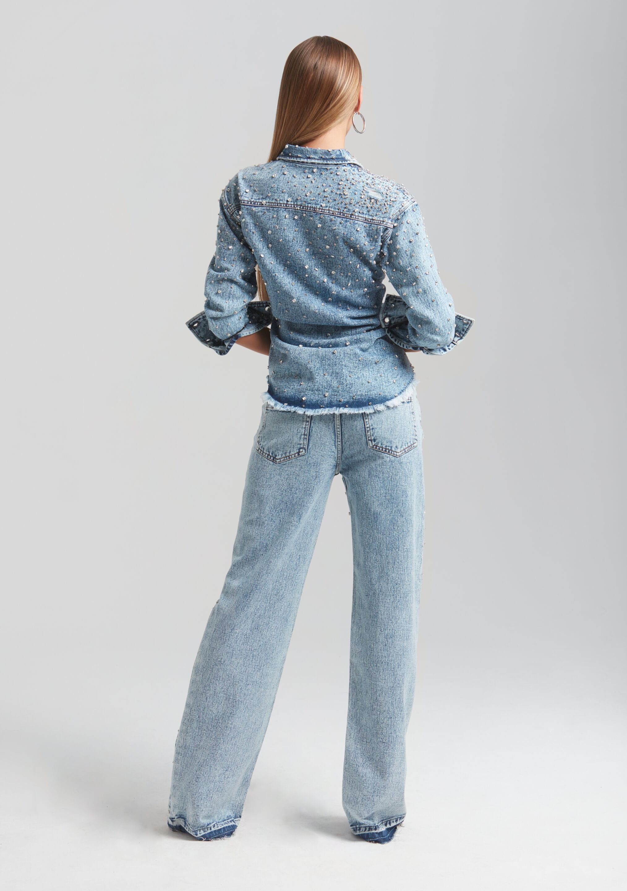 Doreen Crystal Embellished Denim Shirt-Sunny Prom