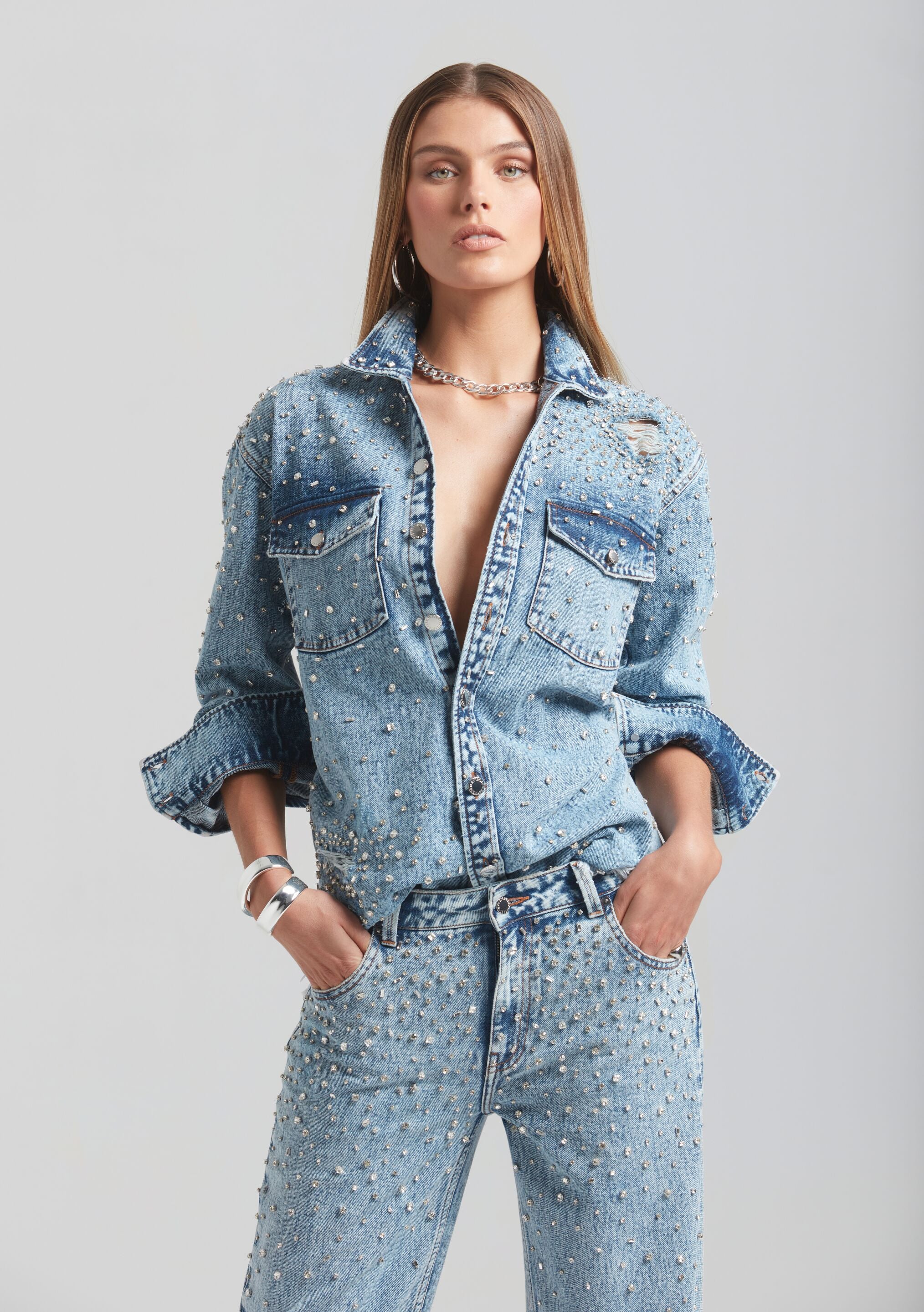 Doreen Crystal Embellished Denim Shirt-Sunny Prom