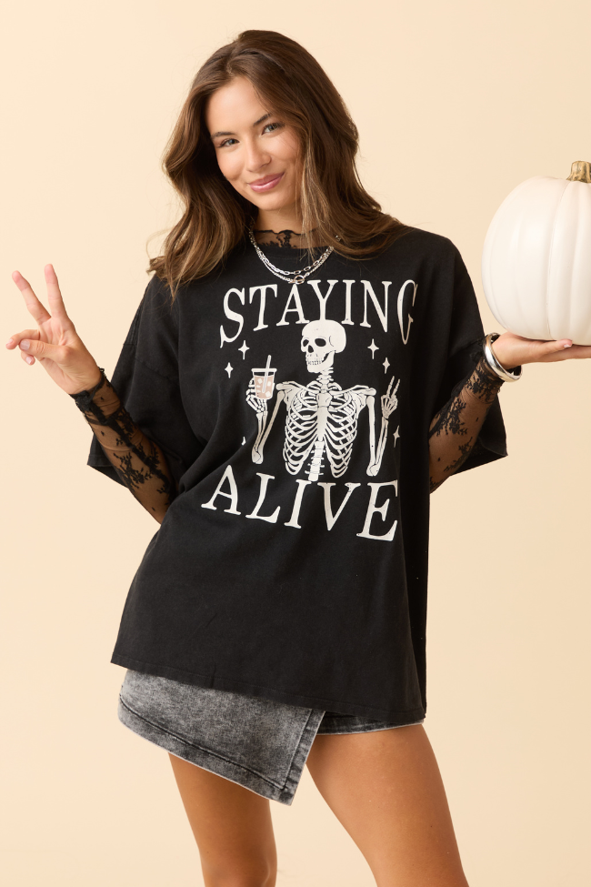 Staying Alive Black Oversized Graphic Tee SALE-Sunny Prom