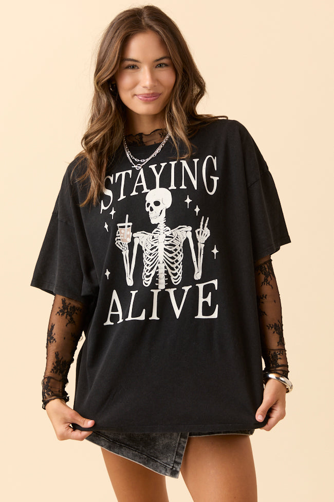 Staying Alive Black Oversized Graphic Tee SALE-Sunny Prom