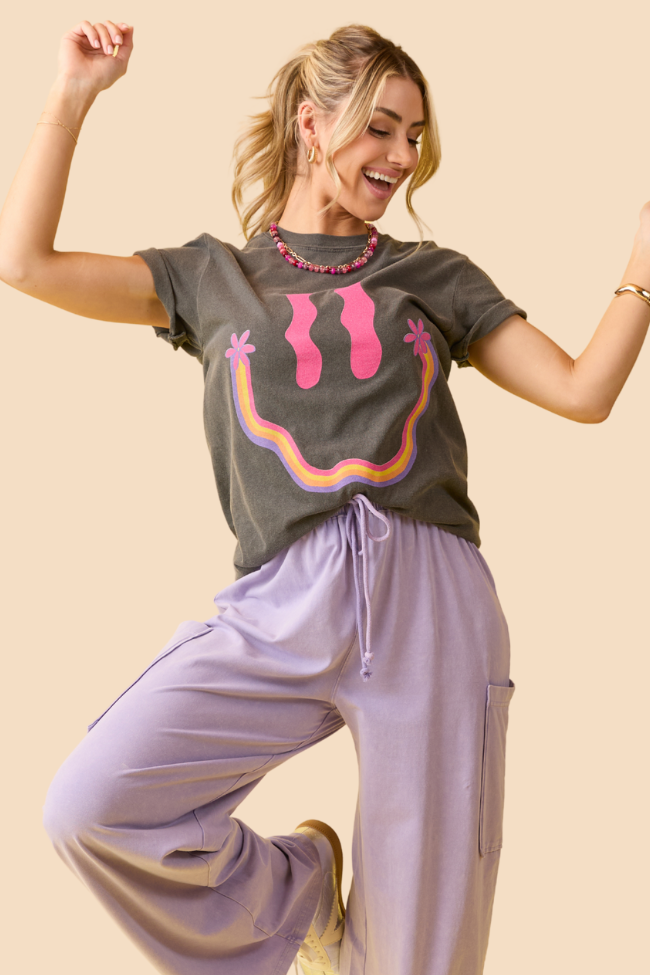 Retro Smiley Dark Grey Graphic Tee SALE-Sunny Prom
