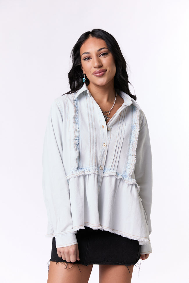 Here To Prove Light Wash Ruffle Trim Peplum Chambray Blouse SALE-Sunny Prom