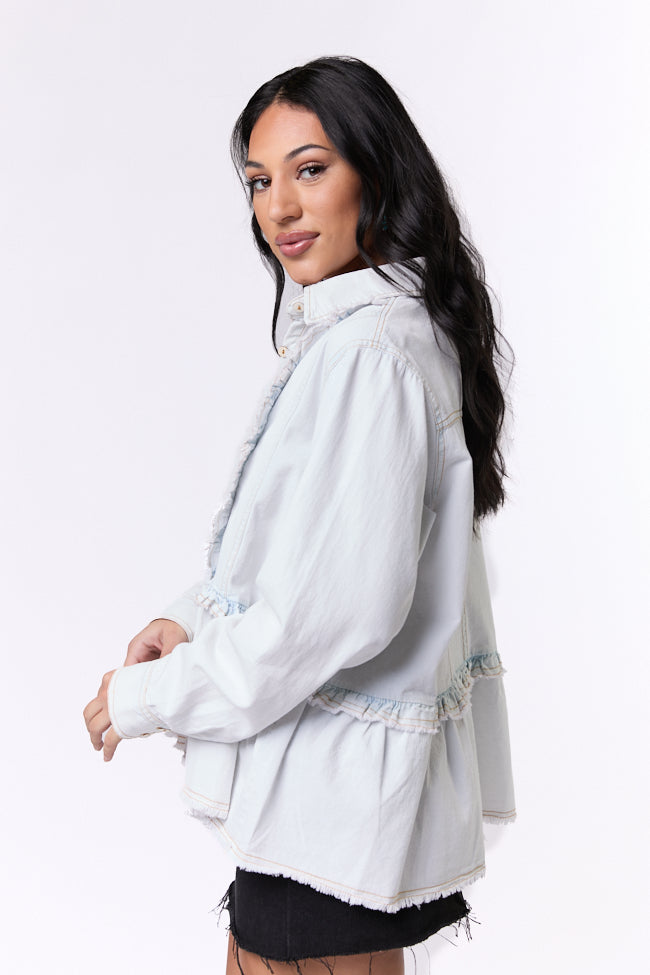 Here To Prove Light Wash Ruffle Trim Peplum Chambray Blouse SALE-Sunny Prom