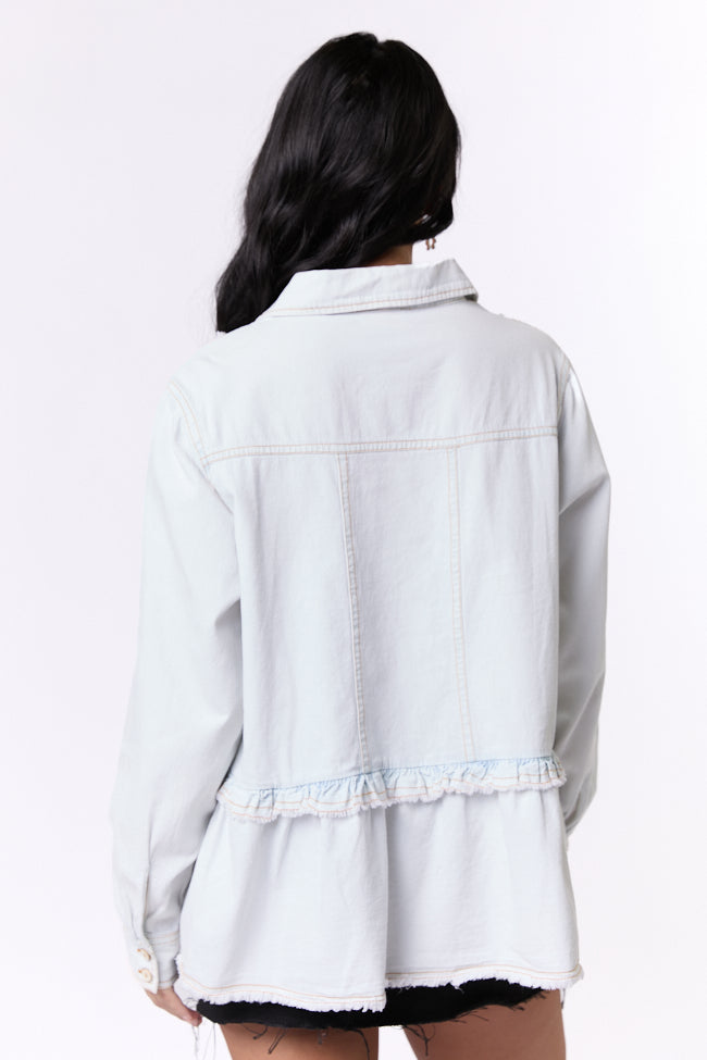 Here To Prove Light Wash Ruffle Trim Peplum Chambray Blouse SALE-Sunny Prom