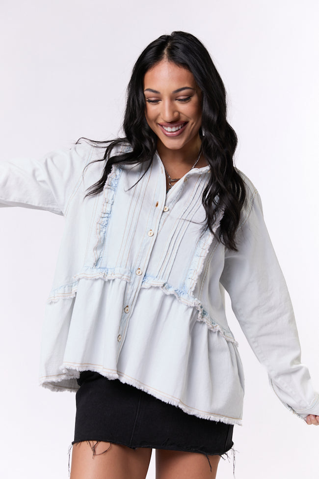 Here To Prove Light Wash Ruffle Trim Peplum Chambray Blouse SALE-Sunny Prom