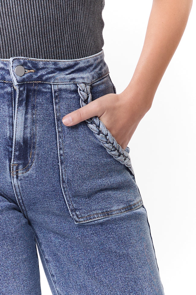 Carolyn Medium Wash Braided Pocket Wide Leg Jeans FINAL SALE-Sunny Prom