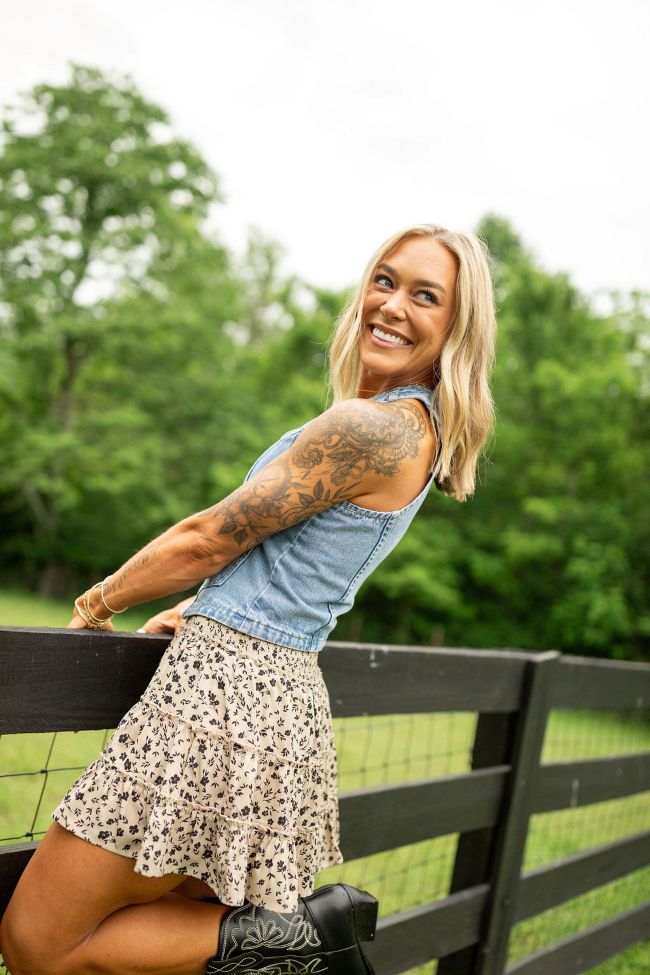 The Rachelle Tan and Black Floral Mini Skort Holley Gabrielle X Sunny Prom-Sunny Prom