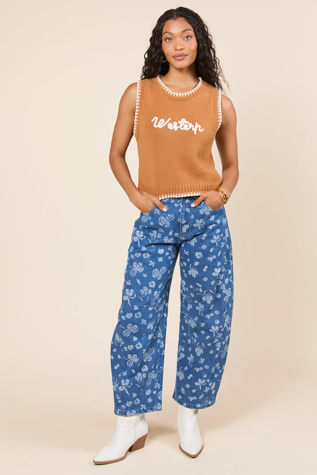 Katie Floral Printed Denim Barrel Jeans-Sunny Prom