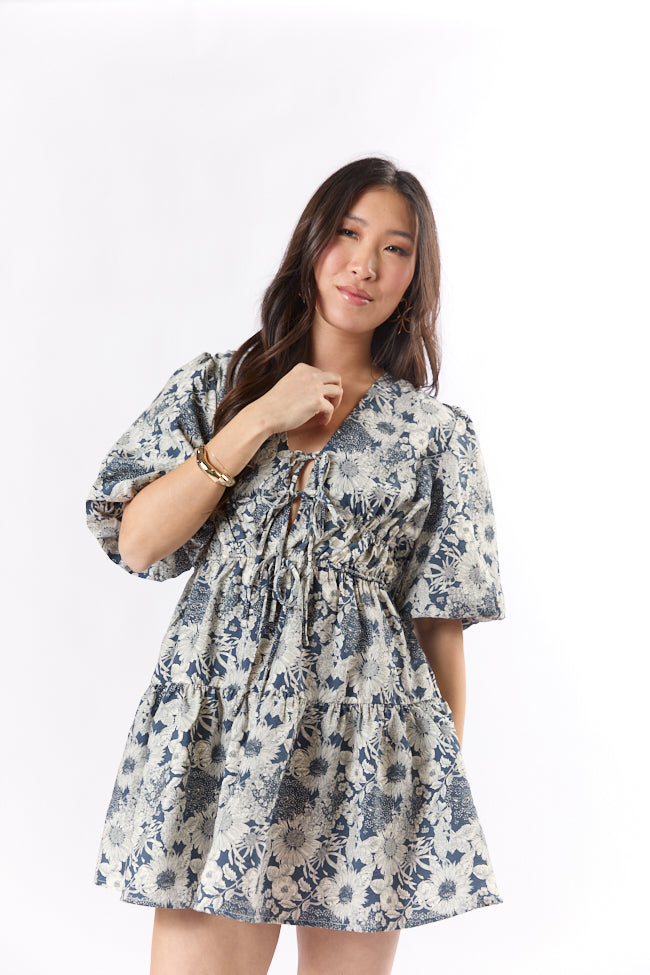 Build My Empire Navy Tie Front Floral Mini Dress FINAL SALE-Sunny Prom