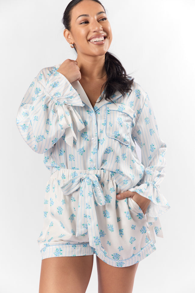 Sleep On My Side Blue Floral Satin Pajama Shorts FINAL SALE-Sunny Prom