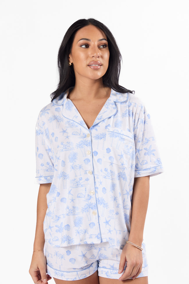 Under the Stars Blue Coastal Toile Short Sleeve Pajama Top-Sunny Prom