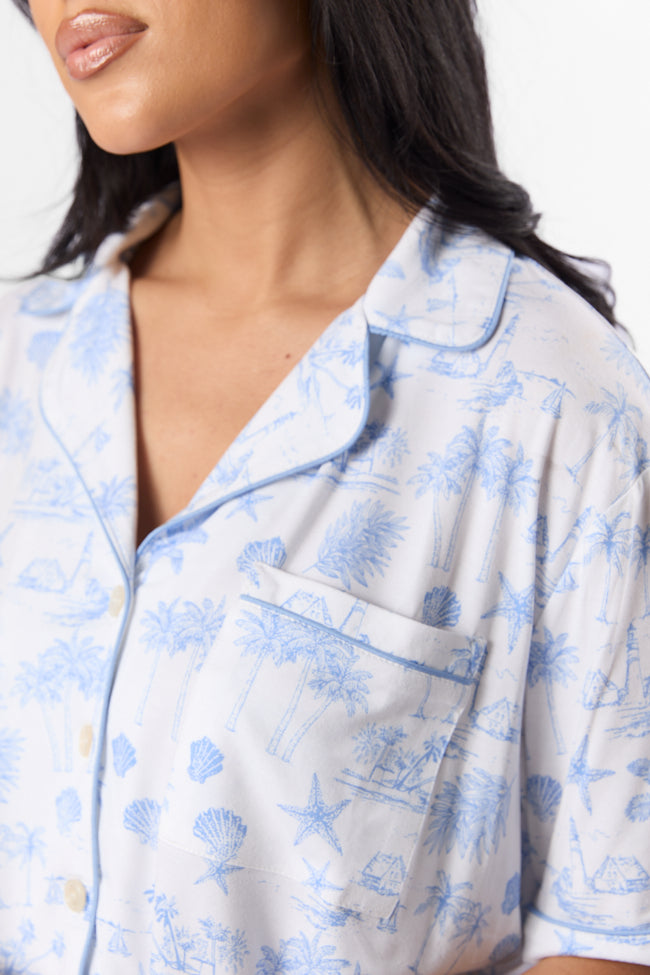 Under the Stars Blue Coastal Toile Short Sleeve Pajama Top-Sunny Prom