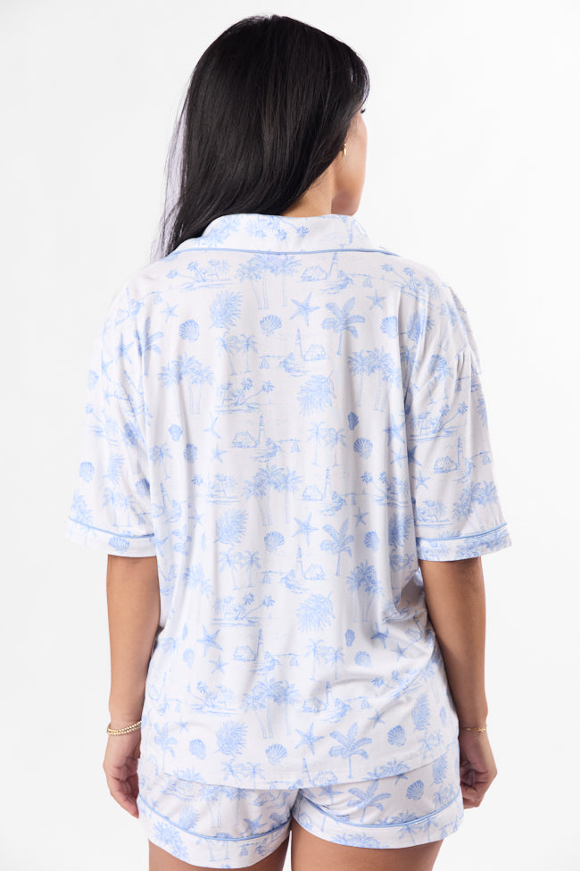 Under the Stars Blue Coastal Toile Short Sleeve Pajama Top-Sunny Prom