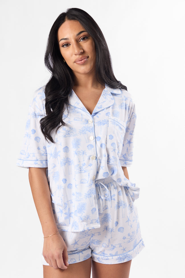 Under the Stars Blue Coastal Toile Short Sleeve Pajama Top-Sunny Prom
