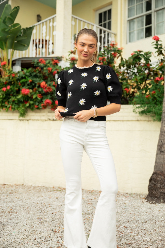 Around The Garden Black Floral Embroidered Lace Trim Short Sleeve Sweater FINAL SALE-Sunny Prom