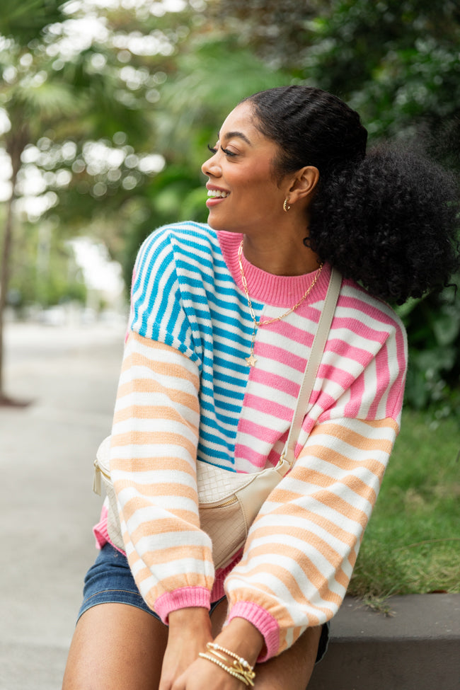 Delightful Days Blue, Pink, and Orange Multi Color Block Striped Sweater FINAL SALE-Sunny Prom