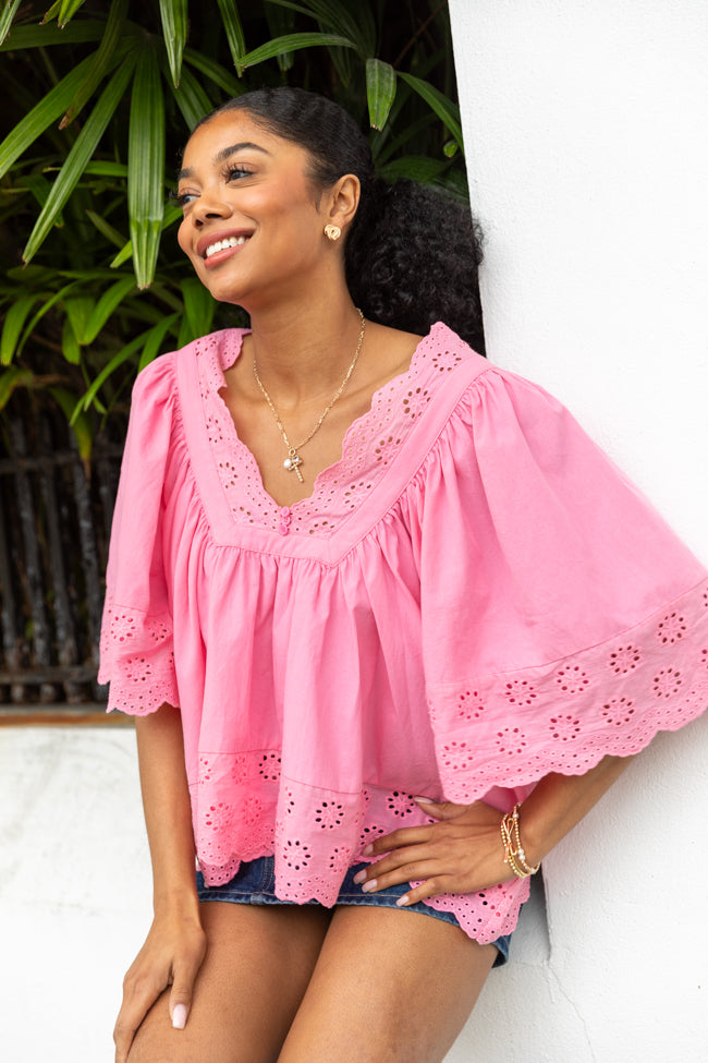 No Regrets Pink Eyelet Detail Popover Short Sleeve Blouse-Sunny Prom
