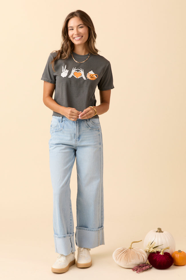 Peace, Love, and Pumpkin Spice Latte Dark Grey Boxy Graphic Tee SALE-Sunny Prom