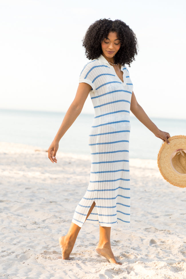 Sunset Sail Blue Striped Knit Coverup Midi Dress FINAL SALE-Sunny Prom