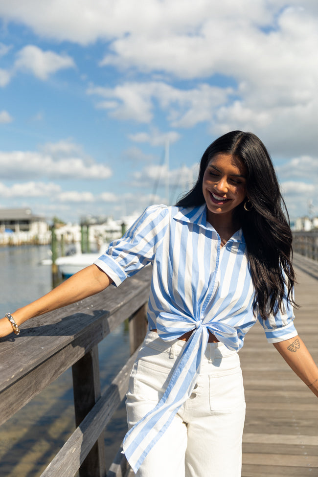 Key To Style Blue Striped Tie Front Collared Blouse-Sunny Prom