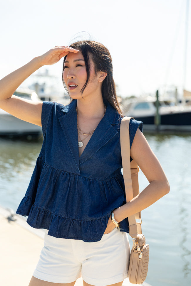 Perfect Aura Dark Wash Denim Collared Tank-Sunny Prom