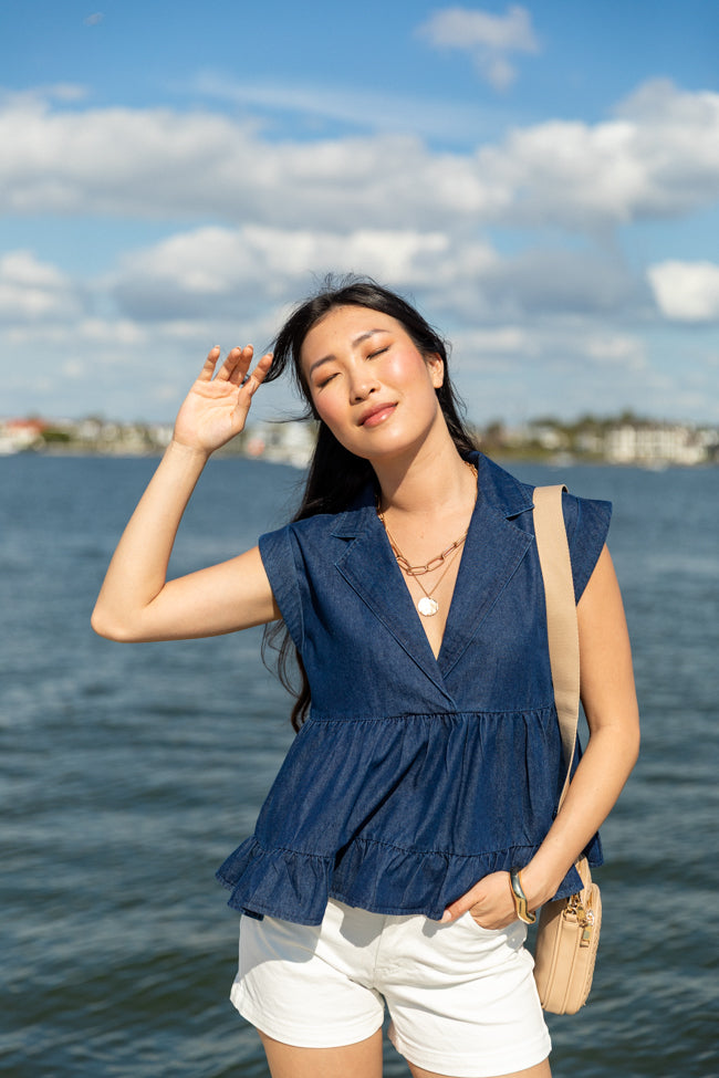 Perfect Aura Dark Wash Denim Collared Tank-Sunny Prom