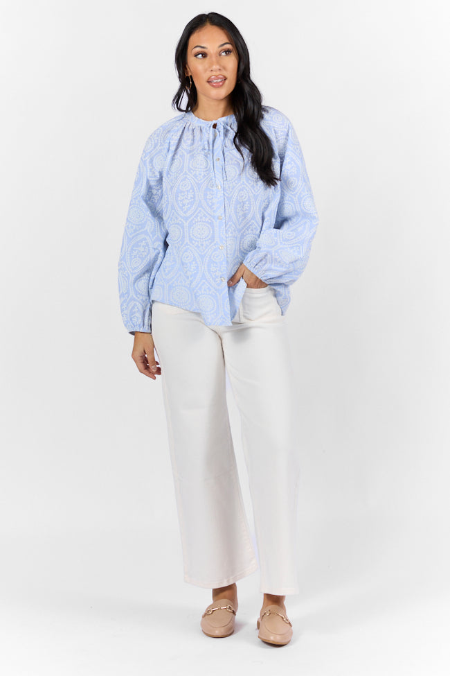 Downtown Delight Blue Embroidered Woven Button Down Blouse FINAL SALE-Sunny Prom