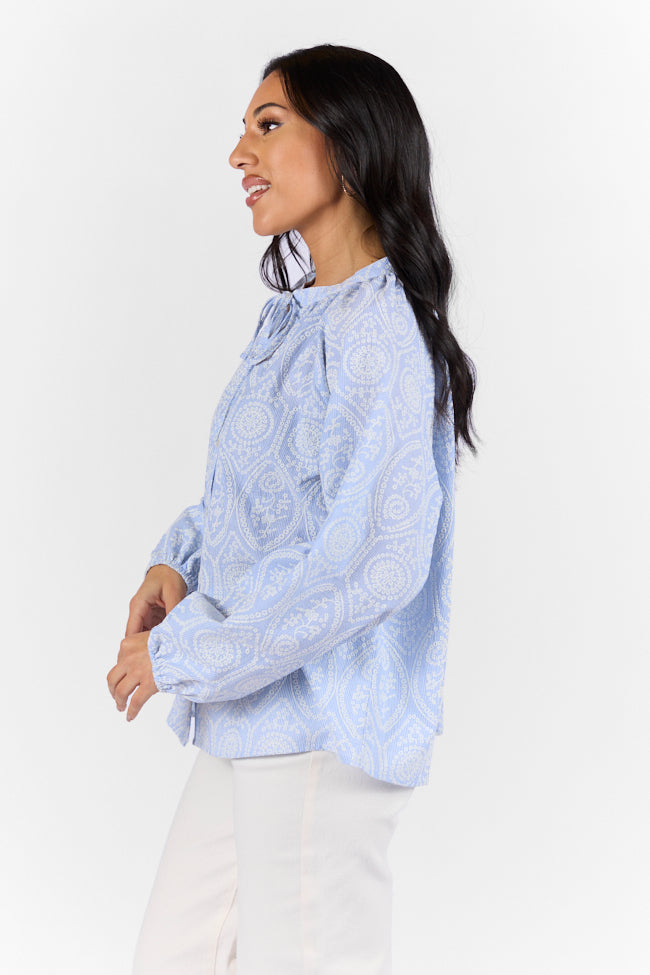Downtown Delight Blue Embroidered Woven Button Down Blouse FINAL SALE-Sunny Prom