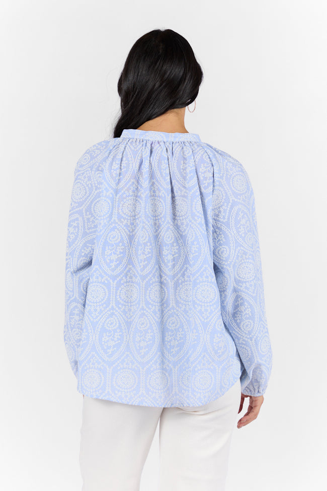 Downtown Delight Blue Embroidered Woven Button Down Blouse FINAL SALE-Sunny Prom