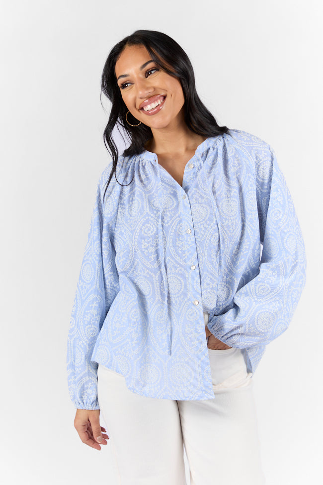 Downtown Delight Blue Embroidered Woven Button Down Blouse FINAL SALE-Sunny Prom