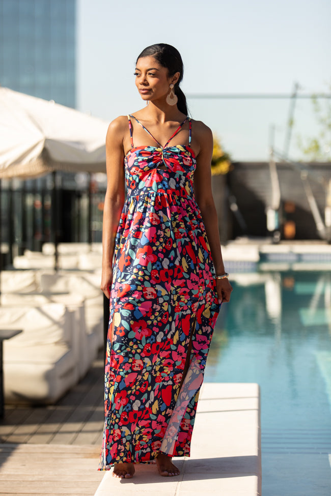 Keep It Floral Navy Printed Dress-Sunny Prom