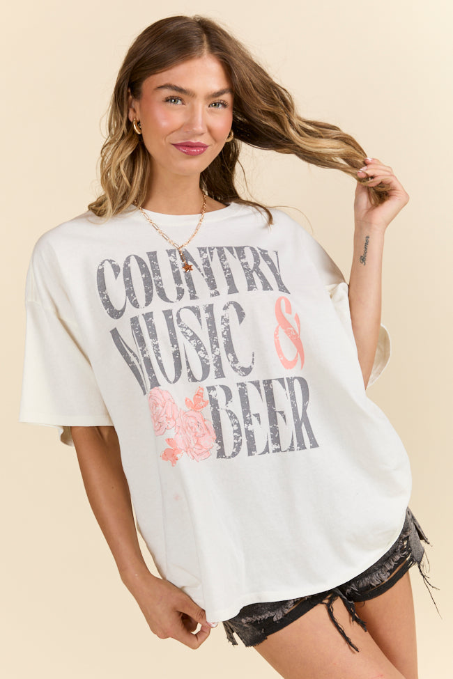 Country Music & Beer Off White Oversized Graphic Tee SALE-Sunny Prom