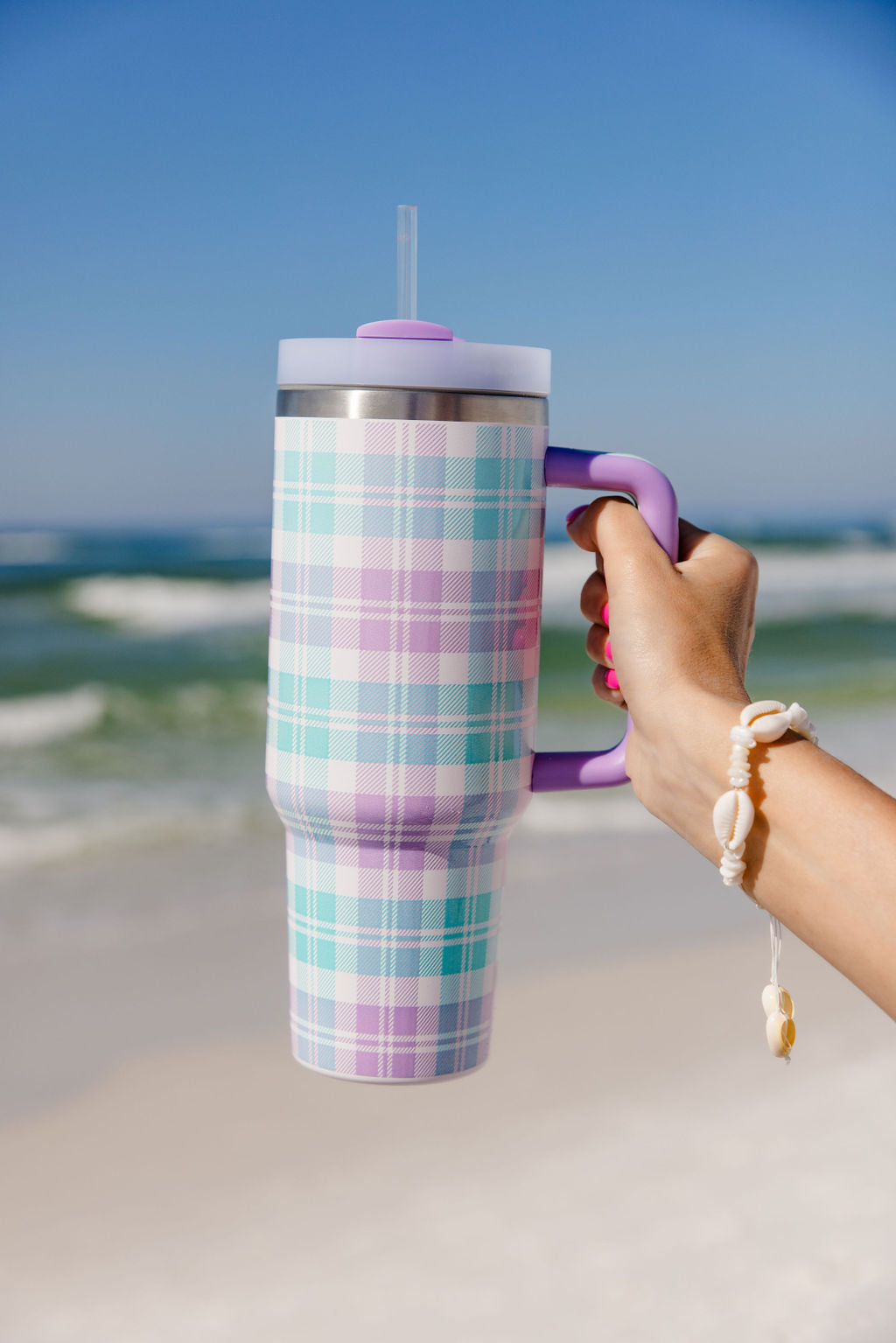Sippin' Pretty In Tori Plaid 40 oz Drink Tumbler With Lid And Straw FINAL SALE-Sunny Prom