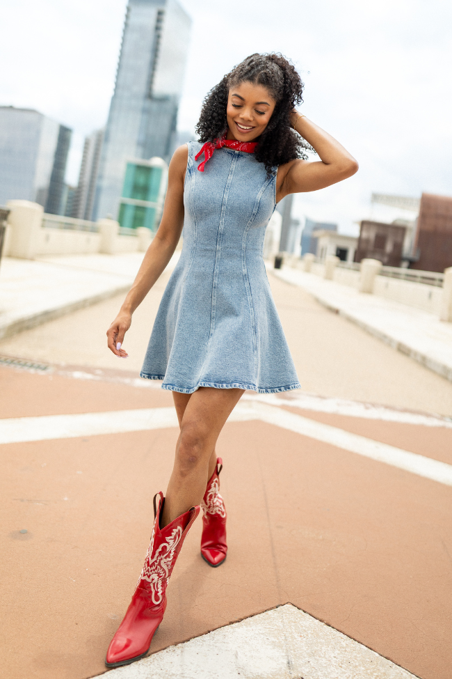 Dancin' In The Country Denim High Neck Mini Dress SALE-Sunny Prom