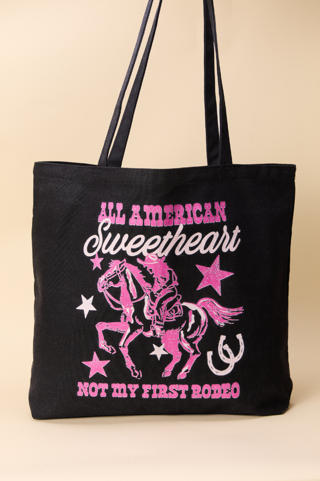 All American Sweetheart Washed Black Graphic Tote Bag-Sunny Prom