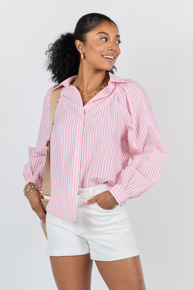 Here Lately Pink Striped Button Down Top FINAL SALE-Sunny Prom