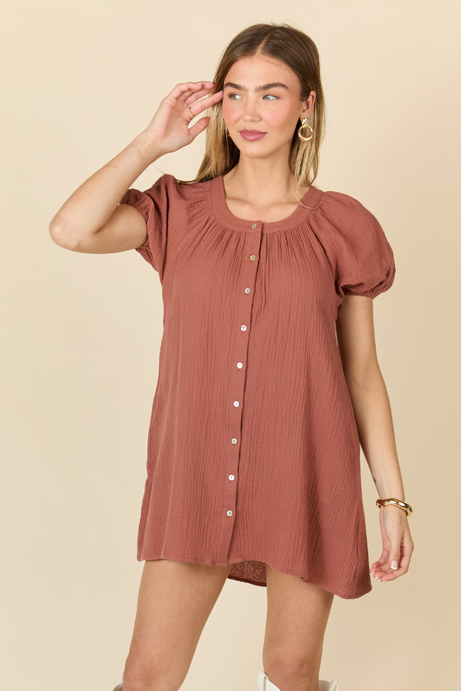 Life Of The Party Brown Gauze Short Sleeve Mini Dress SALE-Sunny Prom