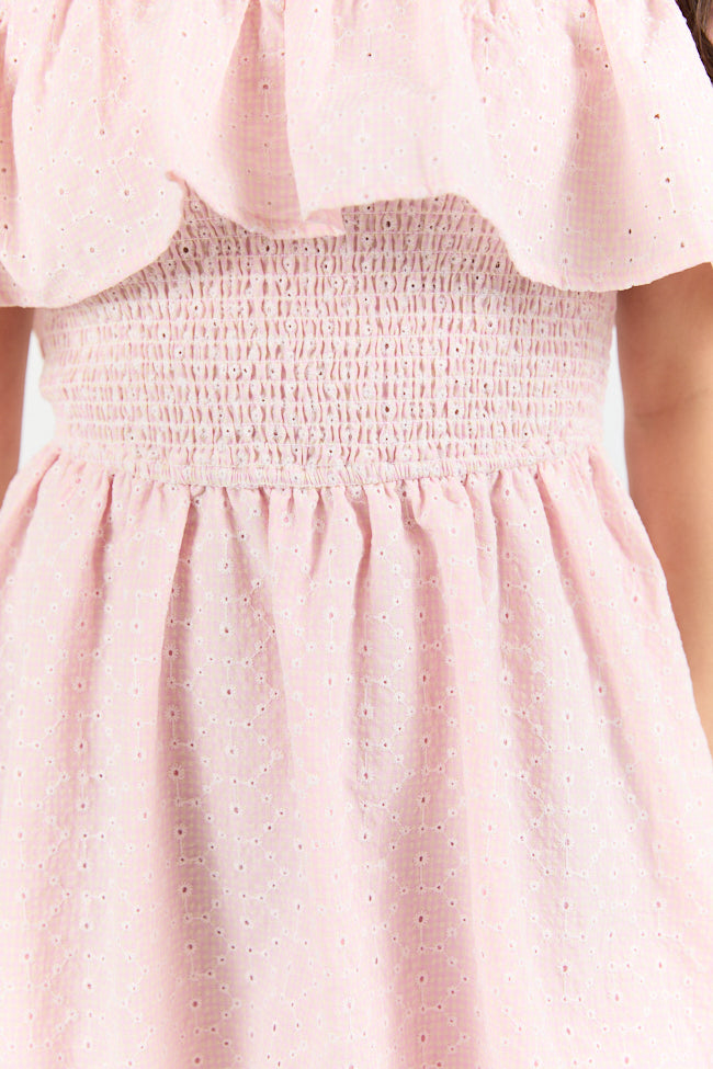Best Reflection Blush Off The Shoulder Eyelet Gingham Dress FINAL SALE-Sunny Prom