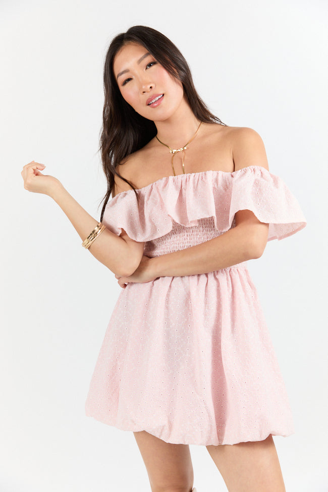 Best Reflection Blush Off The Shoulder Eyelet Gingham Dress FINAL SALE-Sunny Prom