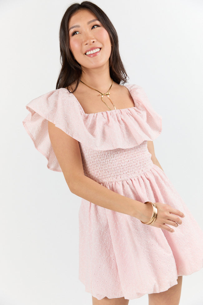 Best Reflection Blush Off The Shoulder Eyelet Gingham Dress FINAL SALE-Sunny Prom