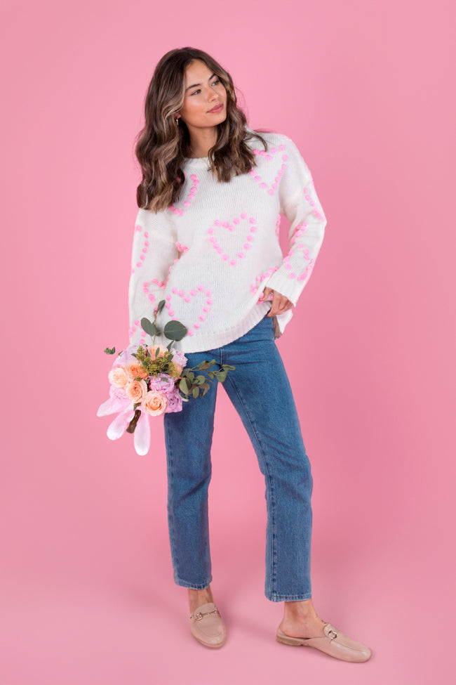 Adore You Ivory and Pink Oversized Heart Pom Sweater FINAL SALE-Sunny Prom