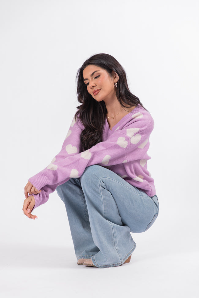 By The Book Lilac Hearts V-Neck Sweater FINAL SALE-Sunny Prom