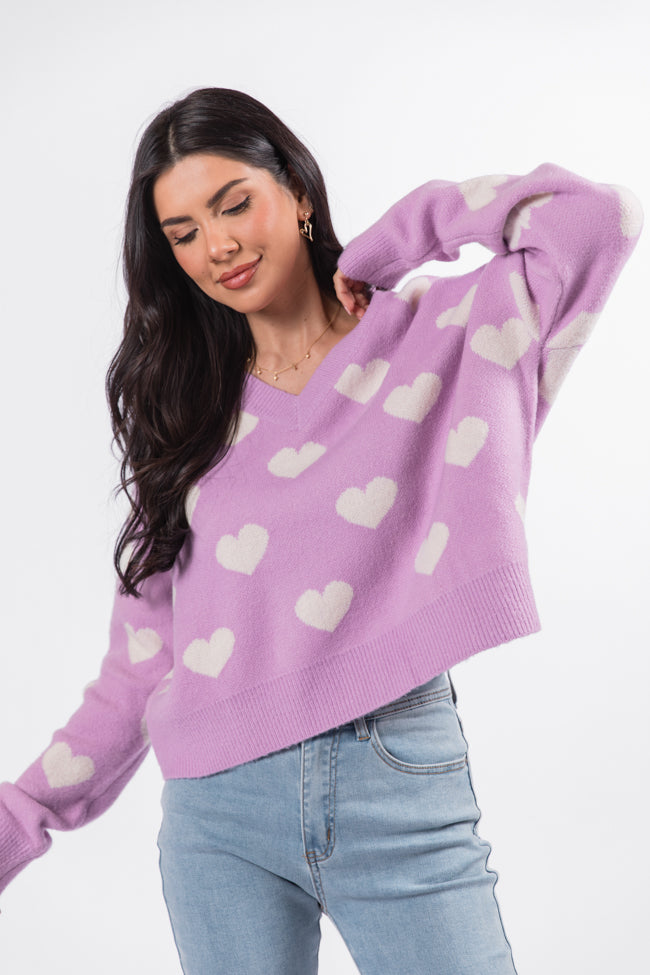 By The Book Lilac Hearts V-Neck Sweater FINAL SALE-Sunny Prom