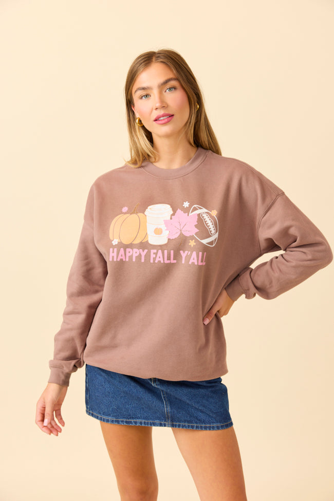 Happy Fall Y'all Mocha Graphic Sweatshirt SALE-Sunny Prom