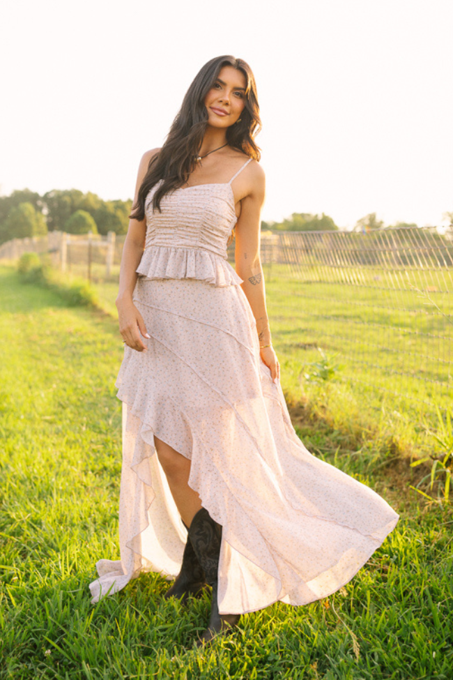 Nancy Neutral Floral Skirt Cece Barnes X Sunny Prom SALE-Sunny Prom