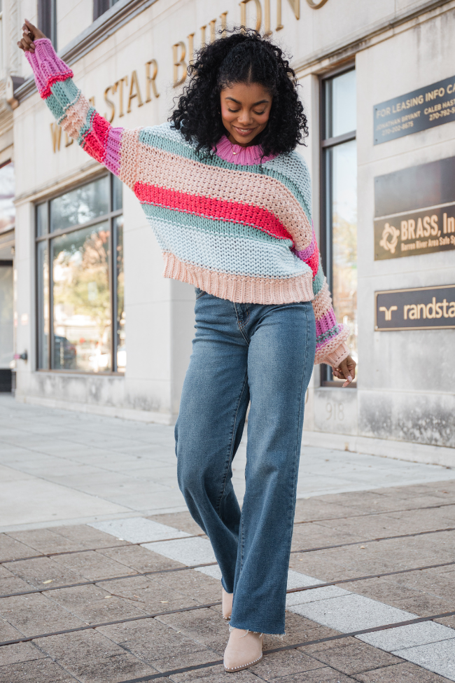 In Line Peach Multi Chunky Striped Sweater SALE-Sunny Prom